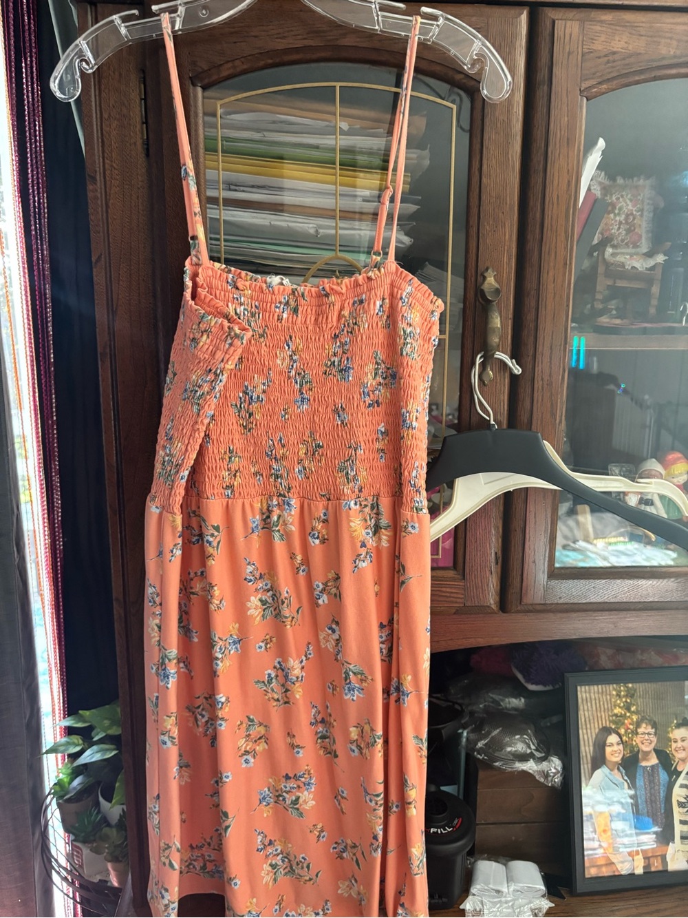 Pink Rose Coral-Orange Floral Midi Dress with Smocked Bodice